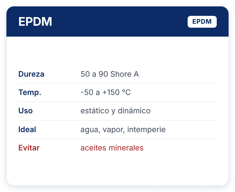 EPDM: dureza 50 a 90 Shore A, -50 a +150 °C